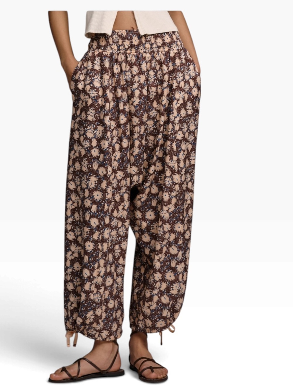 Anthropologie Harem Brown Floral Wide-Leg Drawstring Pants Size Small